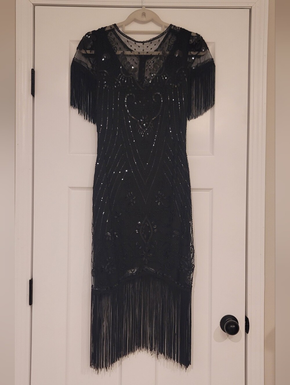 Black Beaded Fringe Evening Dress
